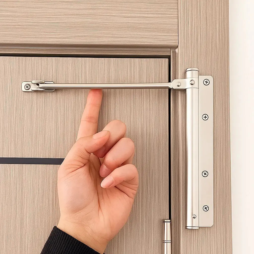 Ferme-porte argenté fixé en haut d'une porte beige, une main pointant le bras 1