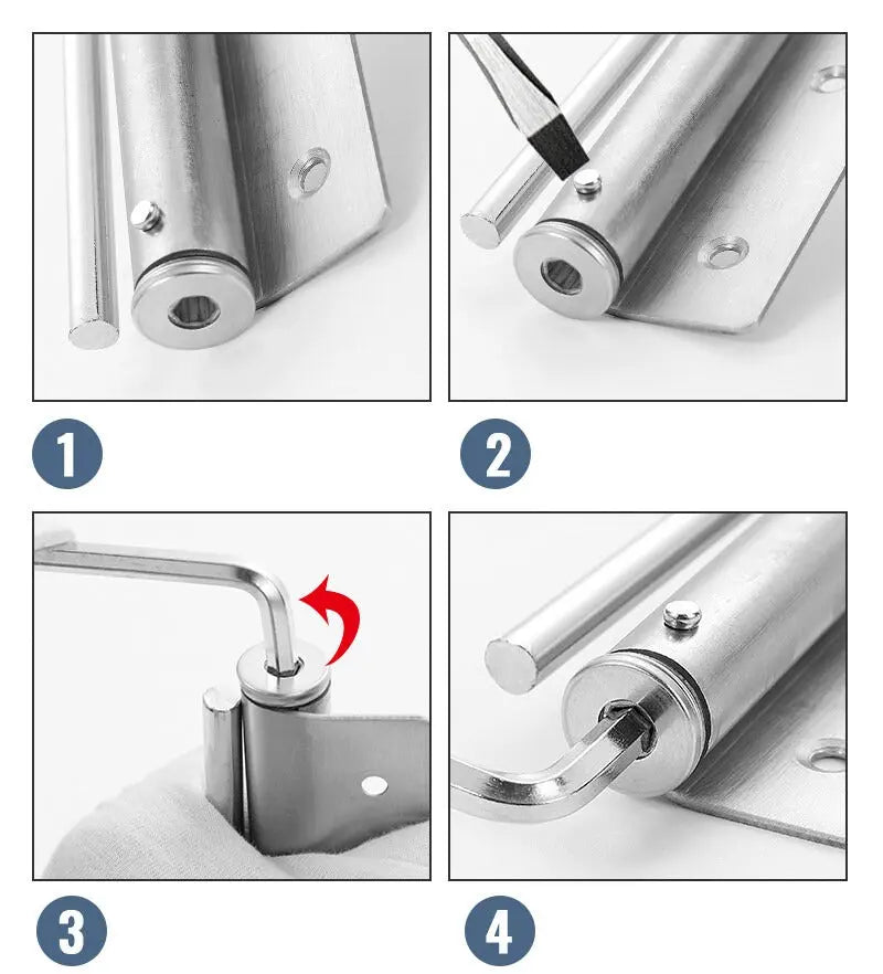Quatre étapes illustrées du réglage de la tension du ressort avec un tournevis et une clé hexagonale 5