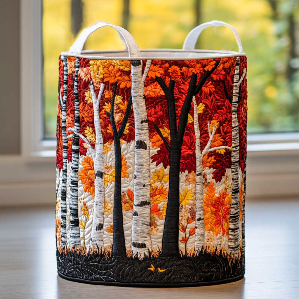 Panier matelassé à troncs de bouleaux blancs et noirs et feuilles d'automne rouges et orange, avec deux anses en sangle blanche. 5