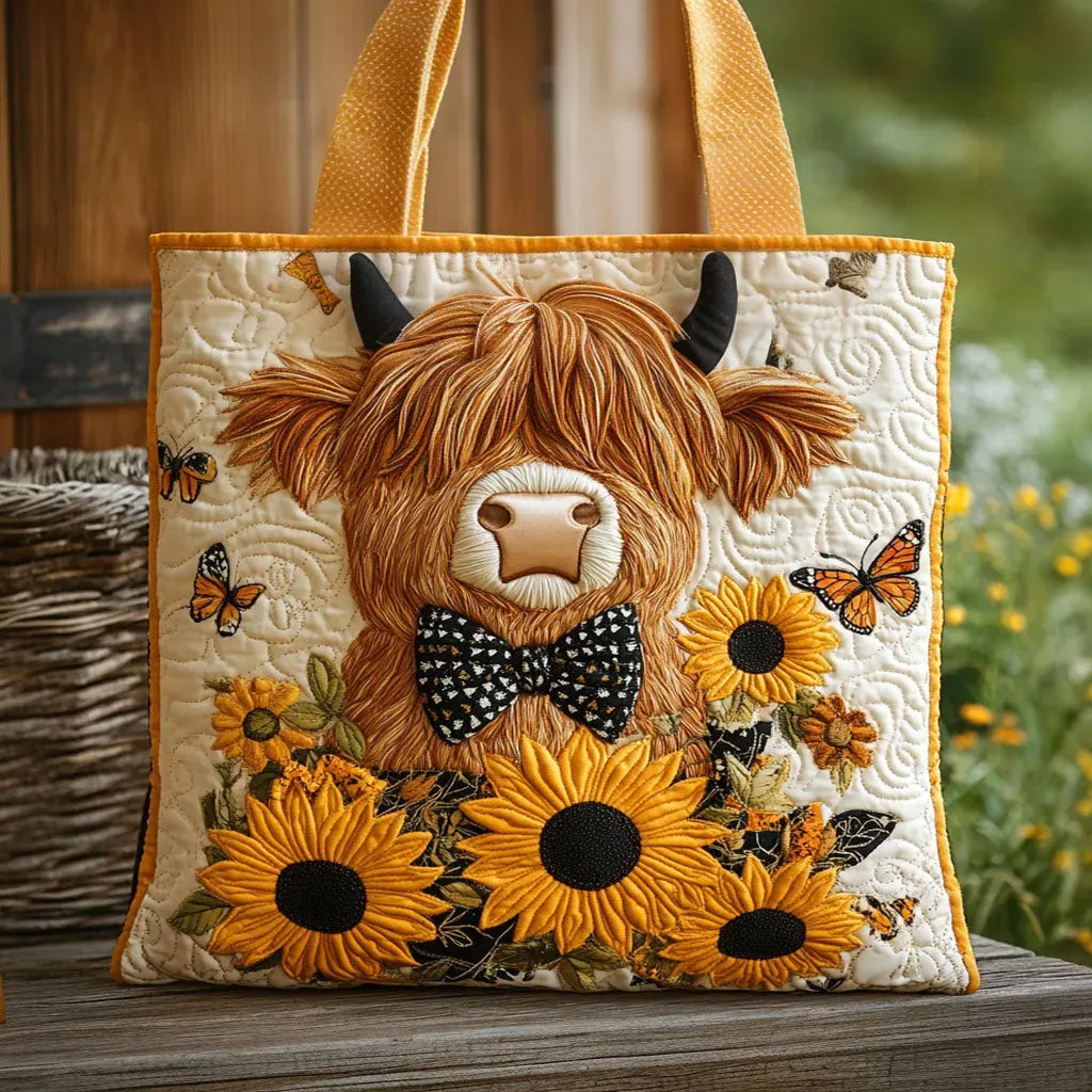 Cabas matelassé crème orné d'une vache highland à nœud papillon, de tournesols et de papillons, posé sur un banc en bois. 1
