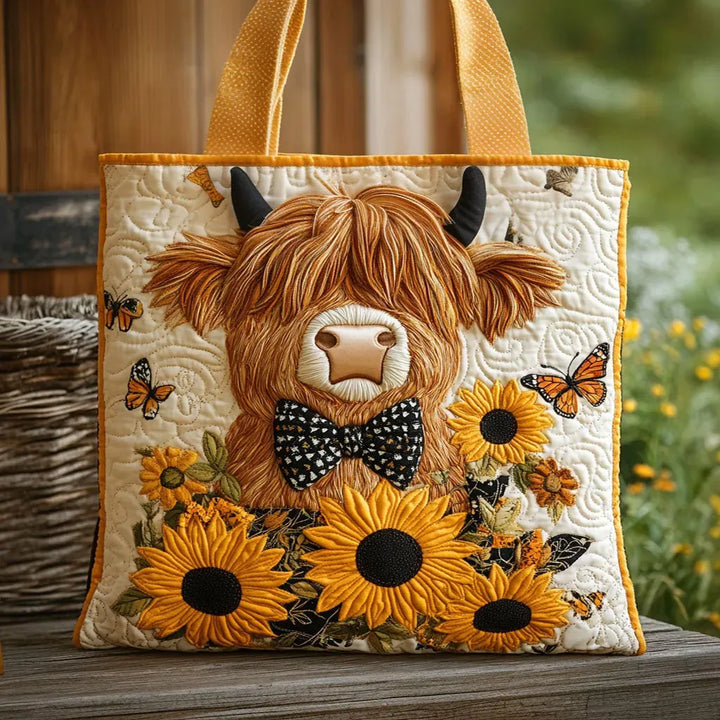 Cabas matelassé crème orné d'une vache highland à nœud papillon, de tournesols et de papillons, posé sur un banc en bois. 1