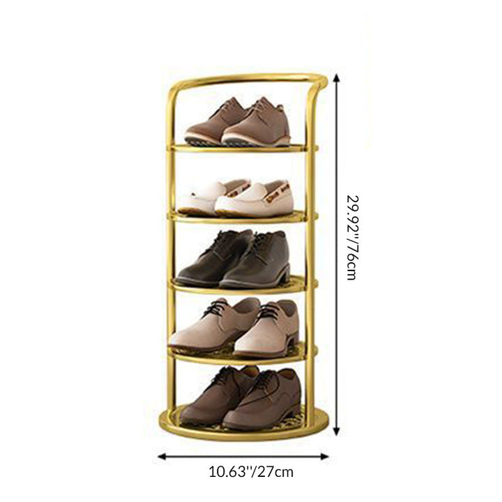 Étagère dorée à cinq niveaux avec chaussures de ville, cotes de hauteur et de diamètre indiquées 4