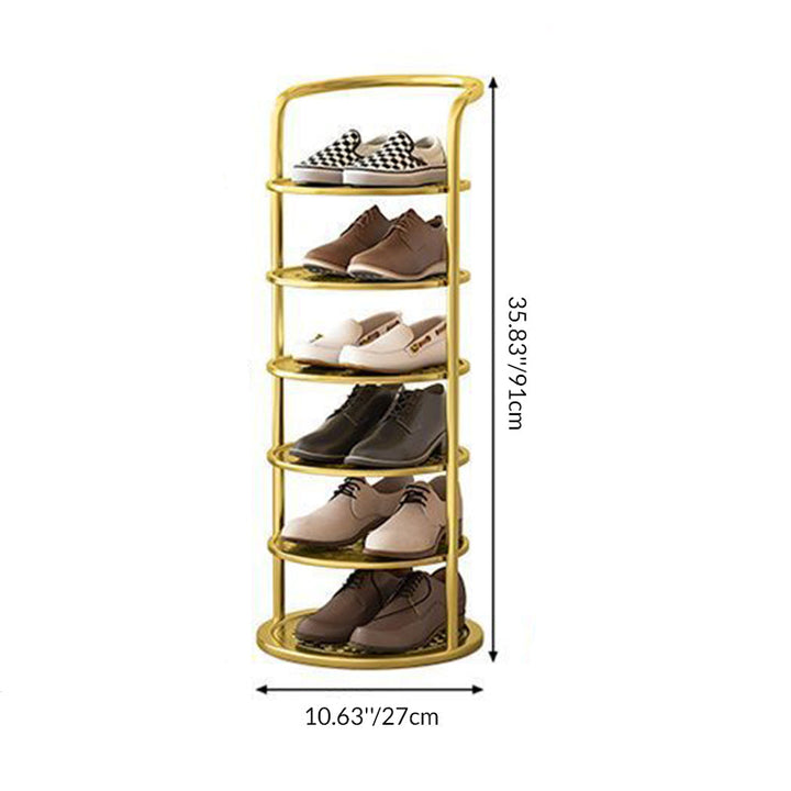 Étagère dorée à six niveaux sur fond blanc, avec ses dimensions de hauteur et de largeur 5