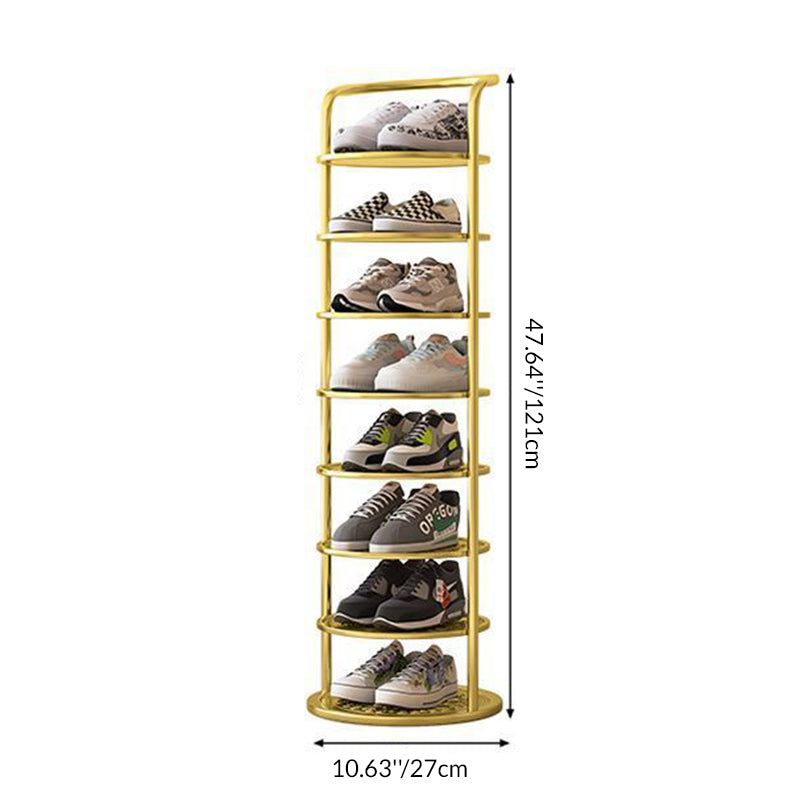Étagère dorée à huit niveaux remplie de baskets, avec schéma des dimensions hauteur et largeur 7