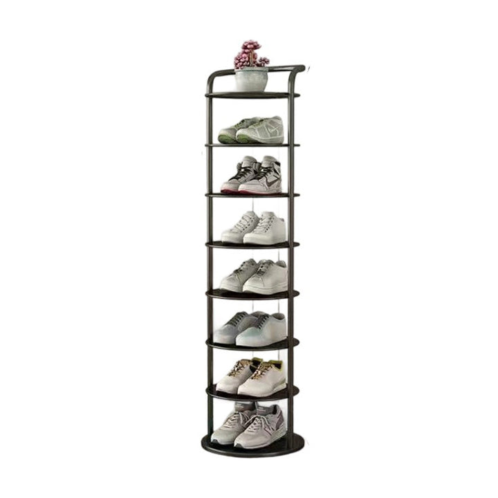 Étagère noire à huit niveaux sur fond blanc, remplie de baskets avec une plante en pot au sommet 17