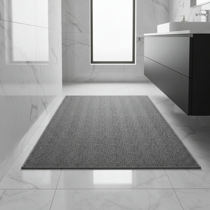 Tapis gris à bordure assorti posé devant un meuble vasque noir, dans une salle de bain en marbre 1