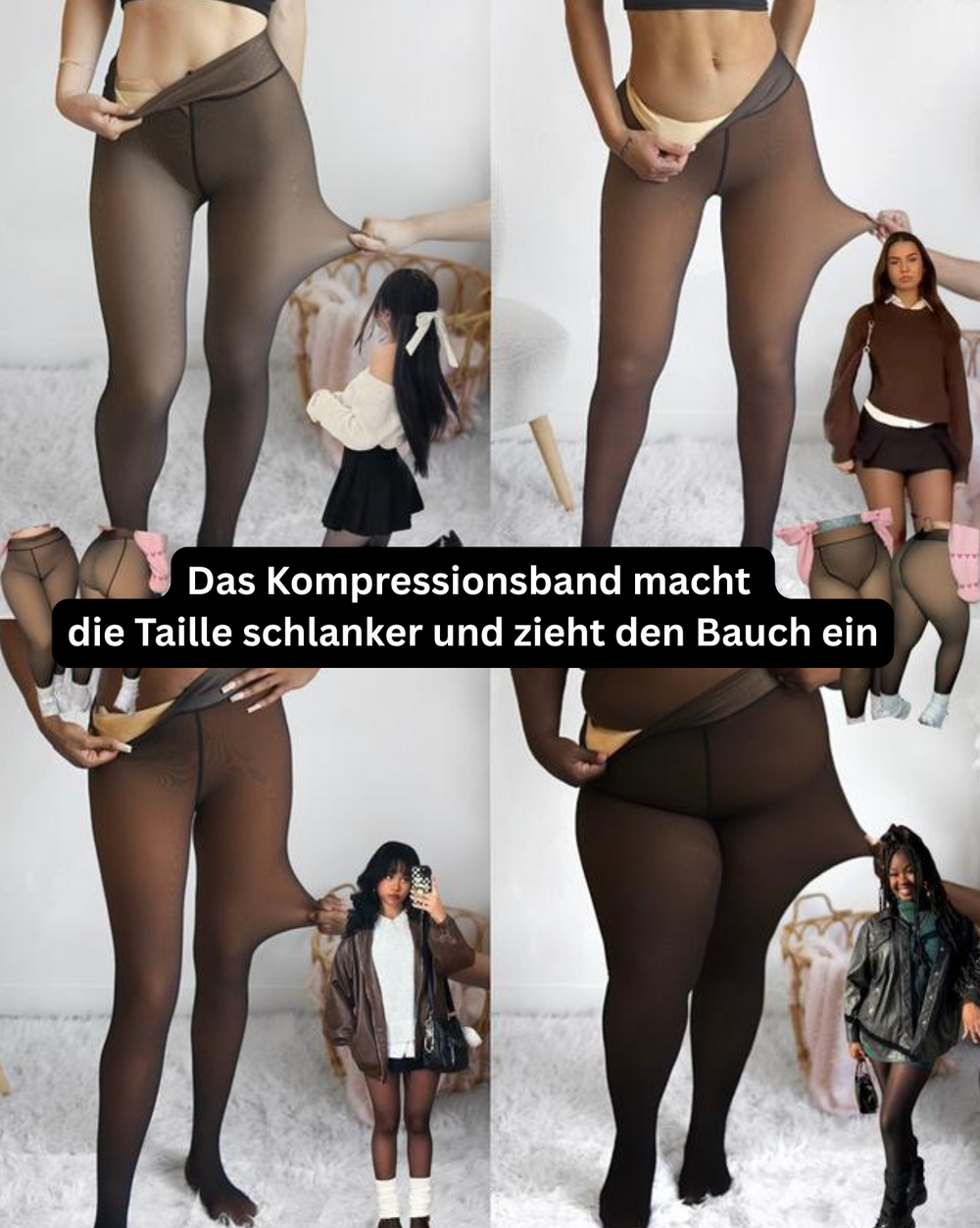 Montage de quatre mannequins portant le collant marron, doublure polaire visible à la taille et jambe étirée pour montrer l'élasticité. 2