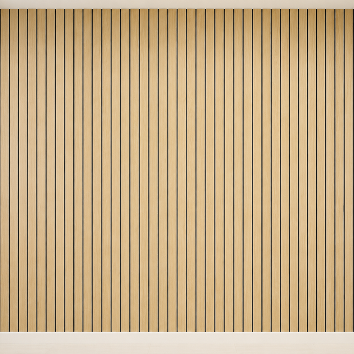 Mur entier de lattes couleur bois clair aux rainures noires, vue de face dans une pièce vide 32