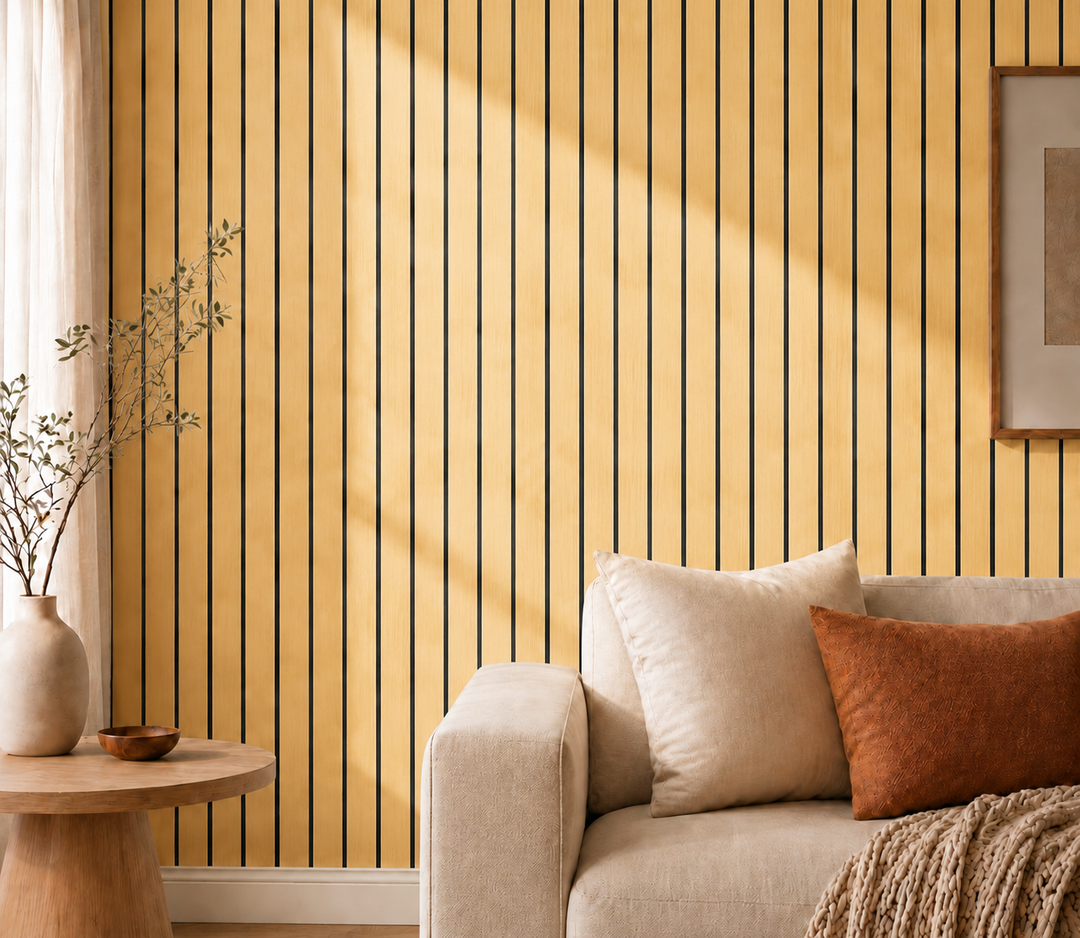 Gros plan sur mur de lattes bois clair aux rainures noires, canapé beige et vase près d'un rideau 36
