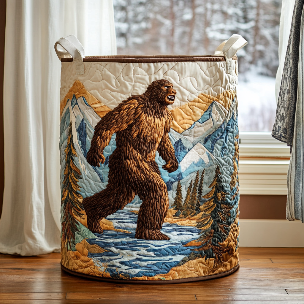 Panier matelassé avec un Bigfoot brodé marchant au bord d'une rivière, entre montagnes enneigées et sapins, anses en sangle claire. 7