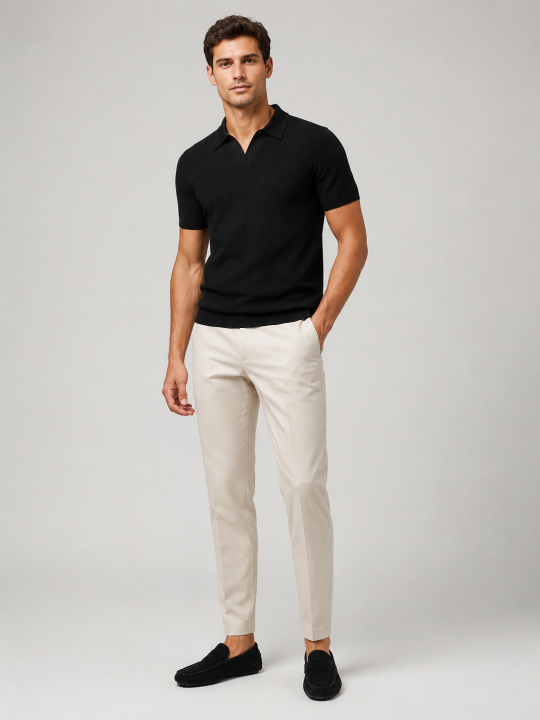 Homme en polo noir, pantalon beige et mocassins noirs, en pied, de face 8