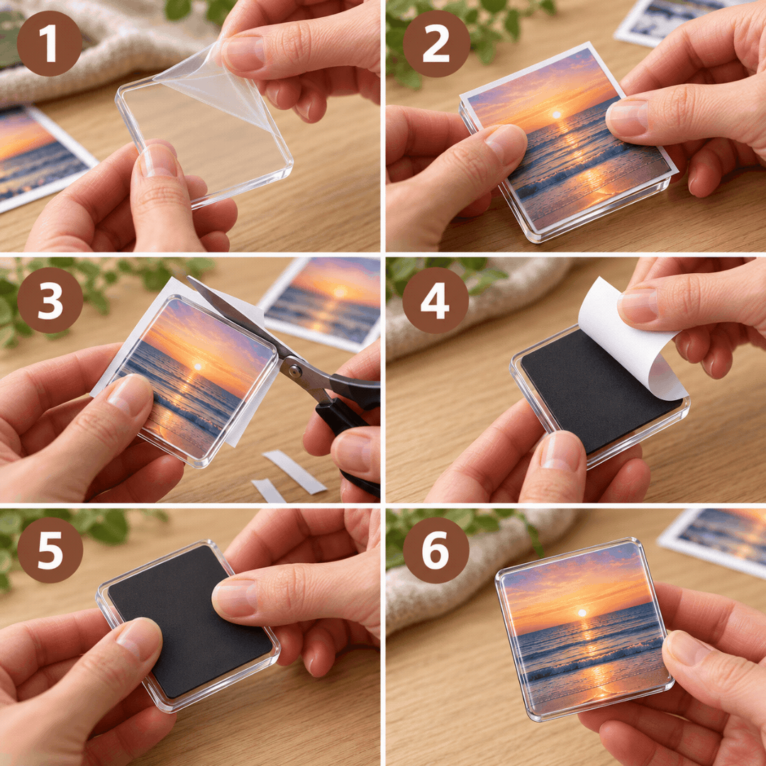 Six étapes en gros plan pour assembler l'aimant : découper l'image, coller l'aimant noir sur l'acrylique 5