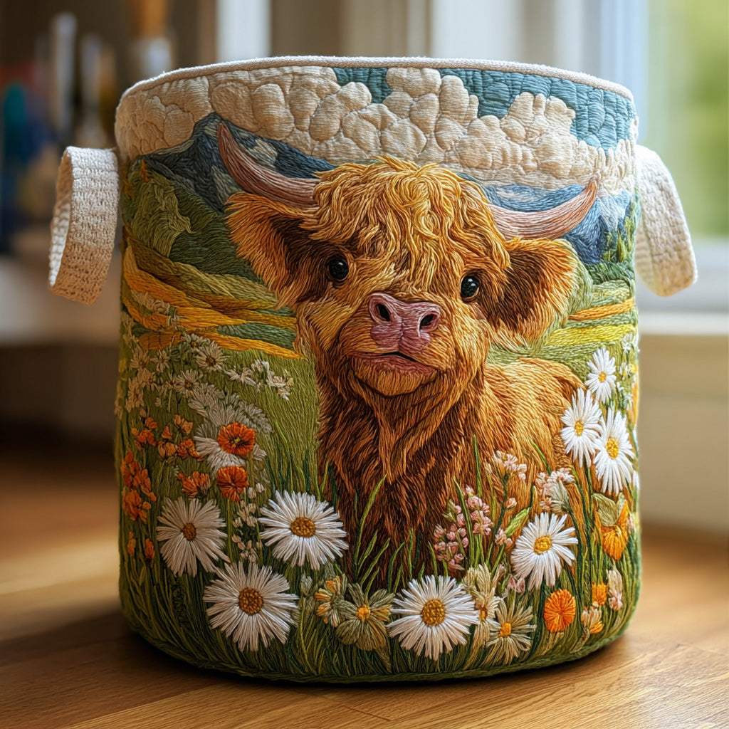 Gros plan de face sur le panier matelassé, avec un veau highland brodé dans un pré de marguerites et deux anses en tissu écru. 1