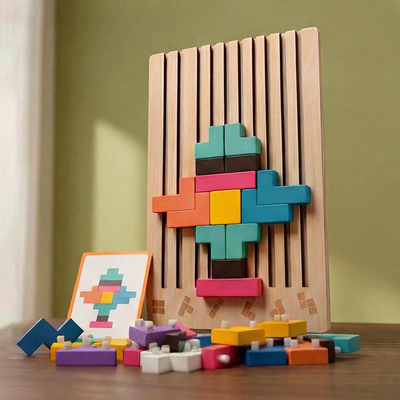 Plateau dressé à la verticale avec un motif symétrique coloré assemblé, la carte modèle correspondante et des pièces éparpillées devant. 7