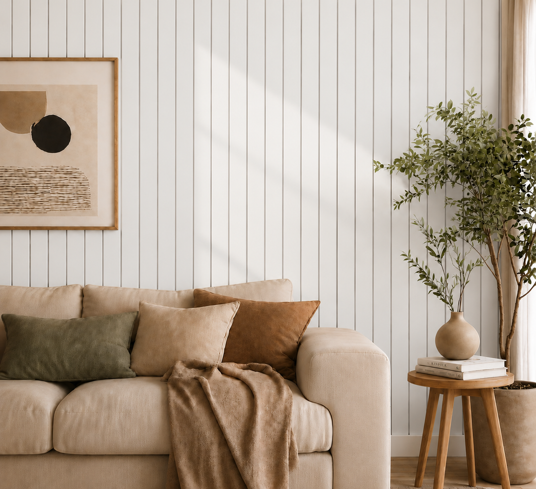 Salon avec canapé beige, coussins et plante devant un mur de lattes blanches à rainures fines 20