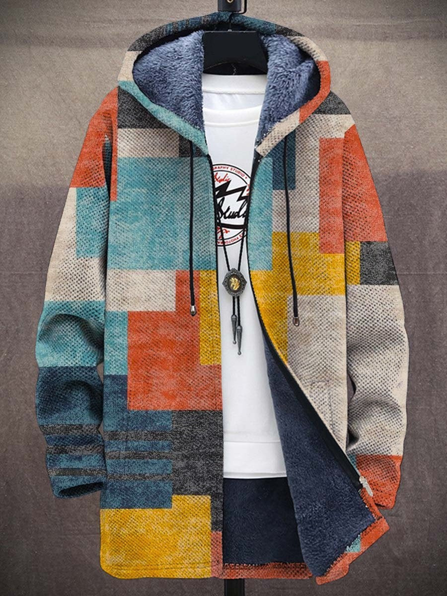 Cardigan à capuche doublé de fourrure, motif de blocs géométriques orange, bleu, jaune et beige 1