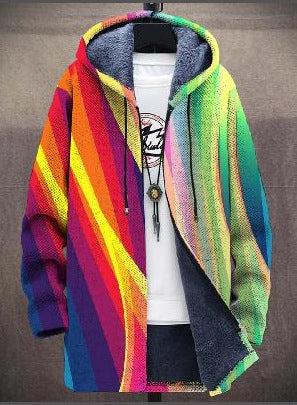 Cardigan à capuche doublé de fourrure, grandes rayures arc-en-ciel en diagonale, du violet au vert 2