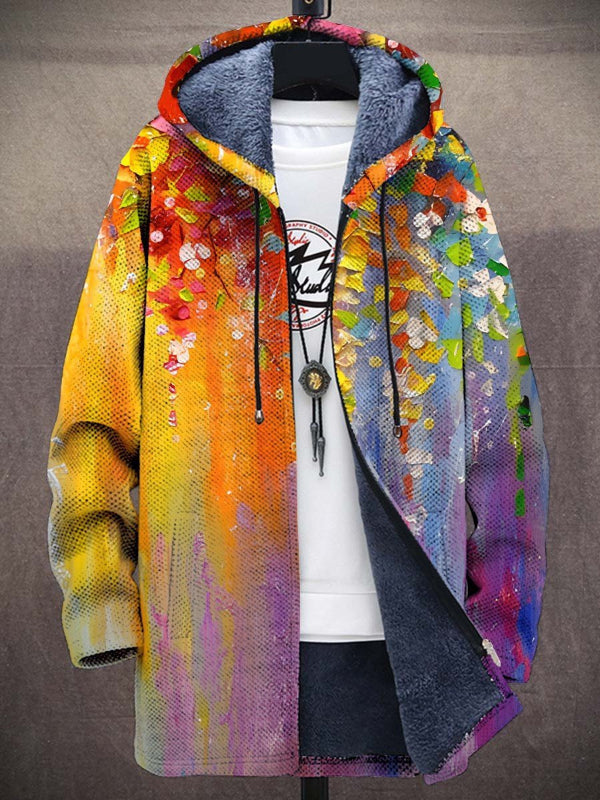 Cardigan à capuche doublé de fourrure, motif peinture à l'huile de feuilles et fleurs sur fond orange et violet 3