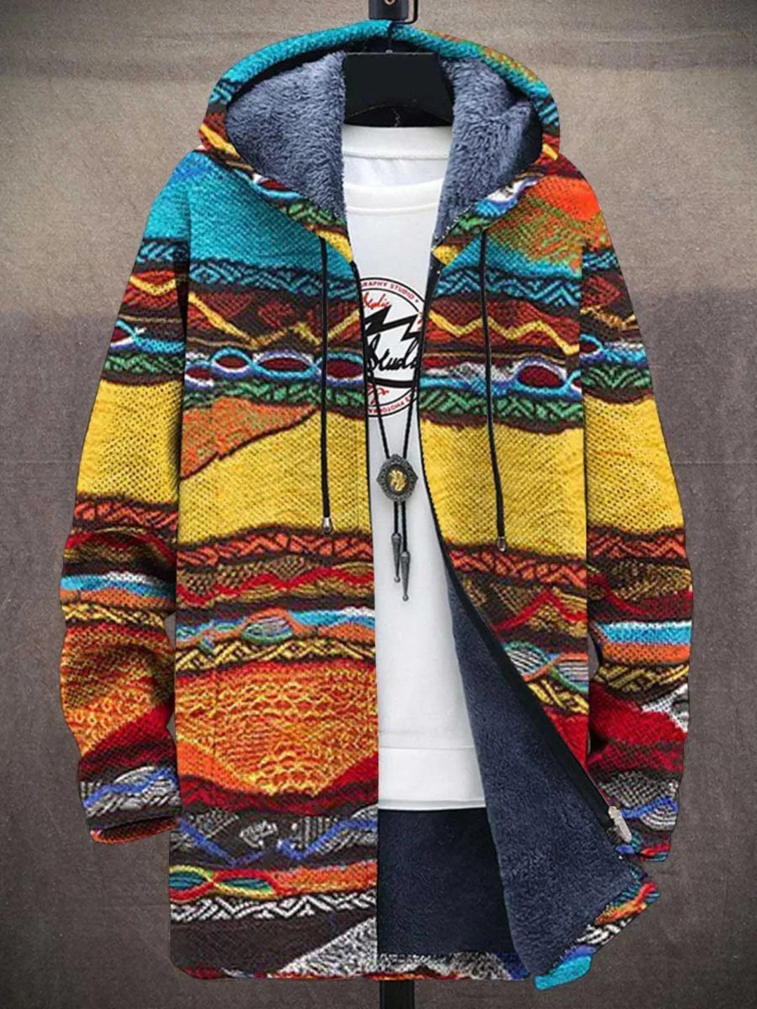 Cardigan à capuche doublé de fourrure, bandes horizontales ethniques jaune, orange, rouge et turquoise 5