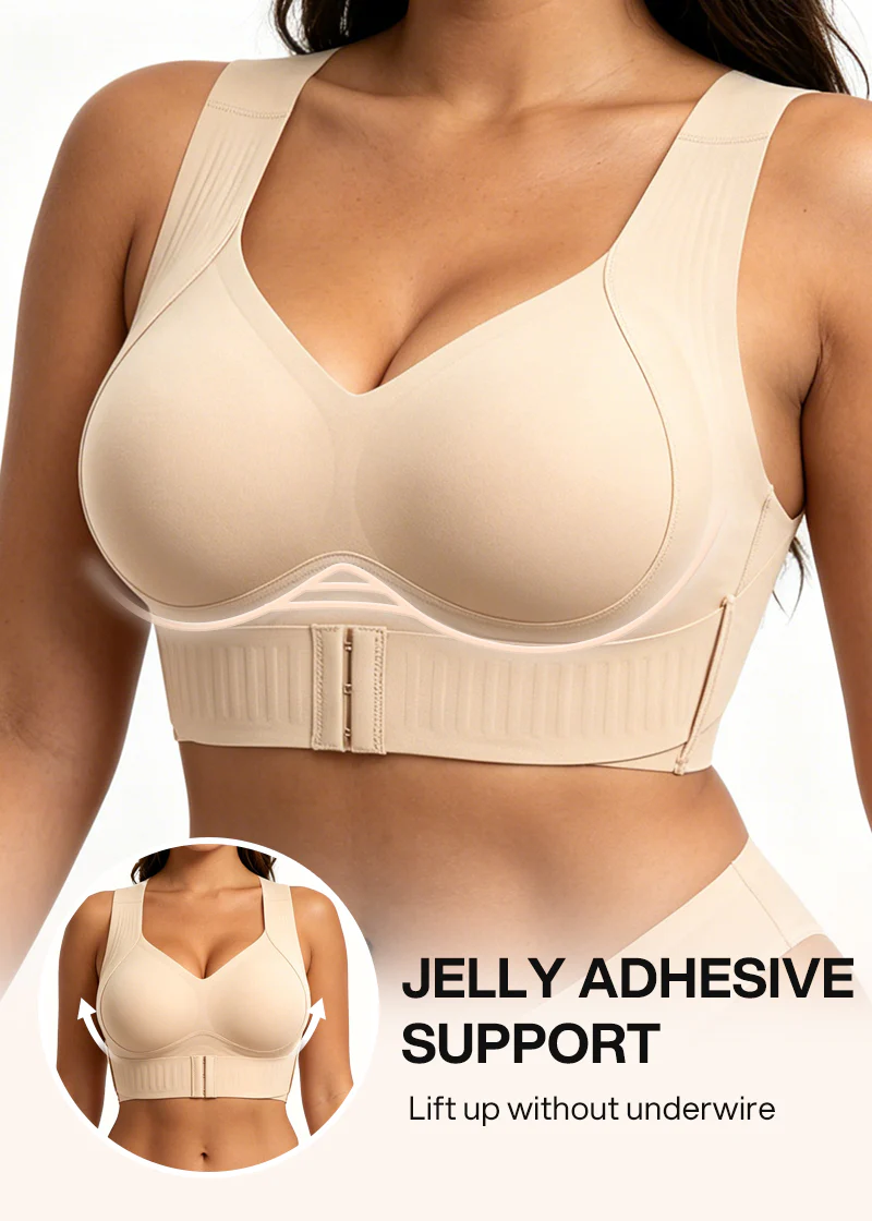 Gros plan sur le buste en soutien-gorge beige avec bretelles larges et bande à crochets, visuel sur le maintien sans armatures. 4