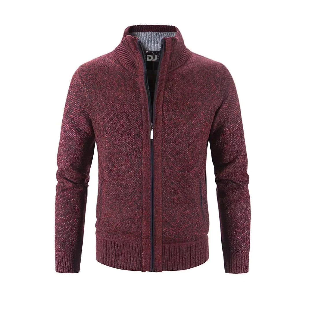 Gilet zippé bordeaux chiné à col montant, présenté à plat sur fond blanc, zip fermé au centre. 5