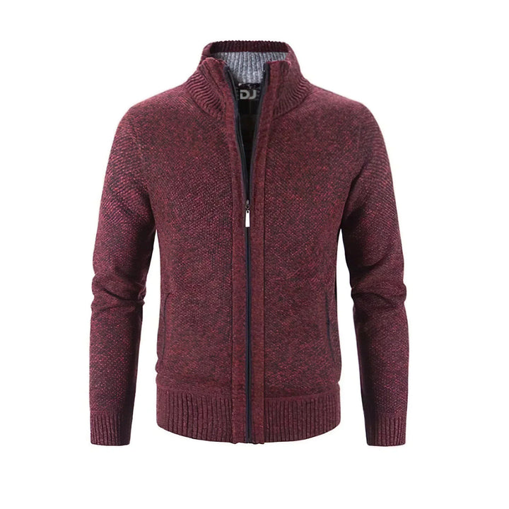 Gilet zippé bordeaux chiné à col montant, présenté à plat sur fond blanc, zip fermé au centre. 5