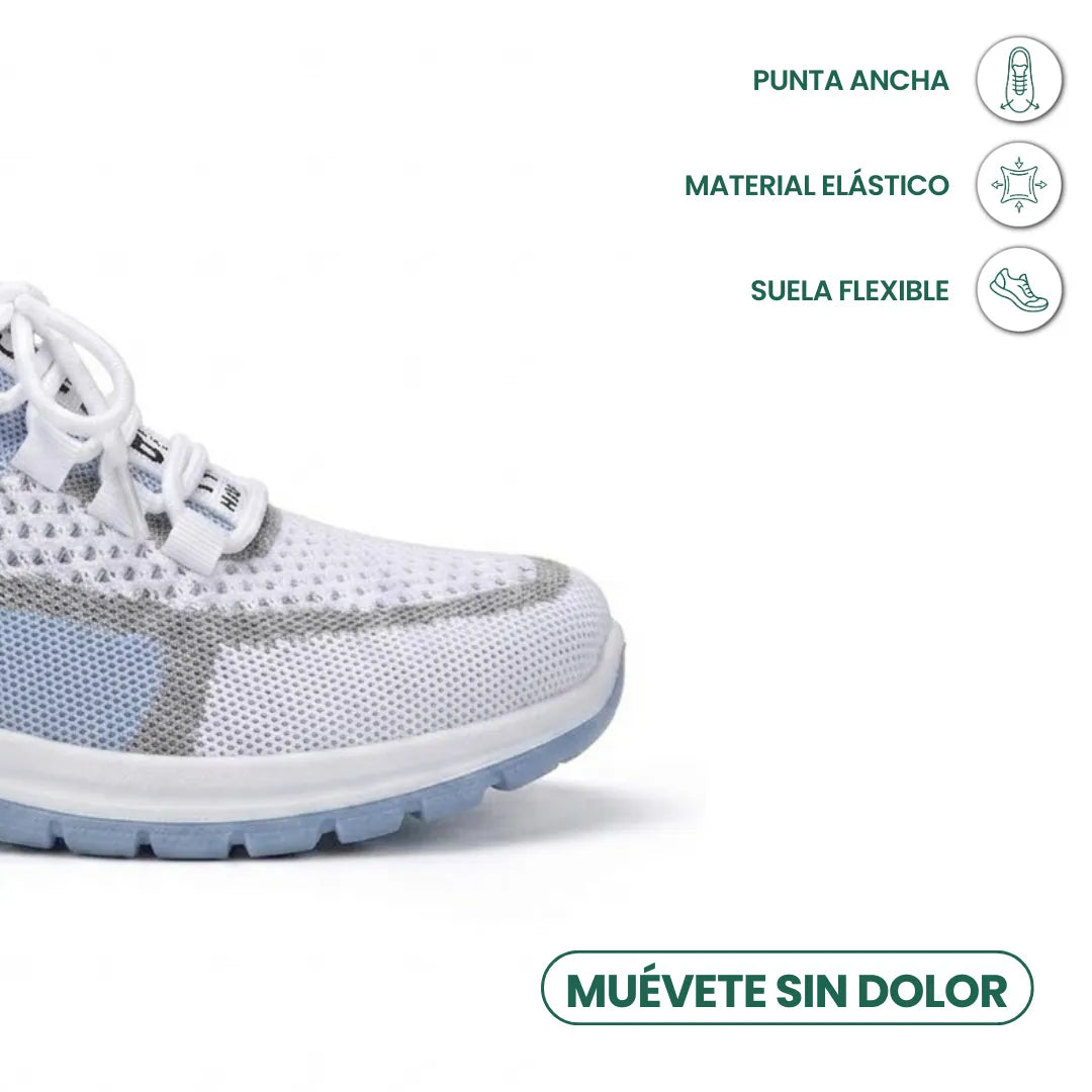 Gros plan sur l'avant de la basket bleu clair, avec icônes sur la pointe large, la matière élastique et la semelle flexible. 5
