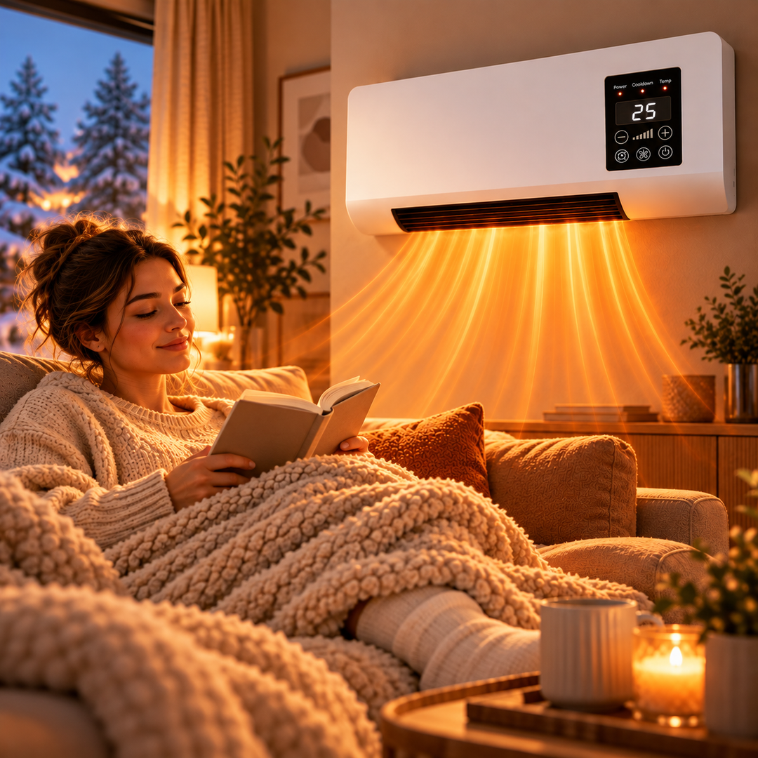 Femme sous un plaid en maille lisant un livre, avec l'air chaud soufflé par l'appareil au mur 6