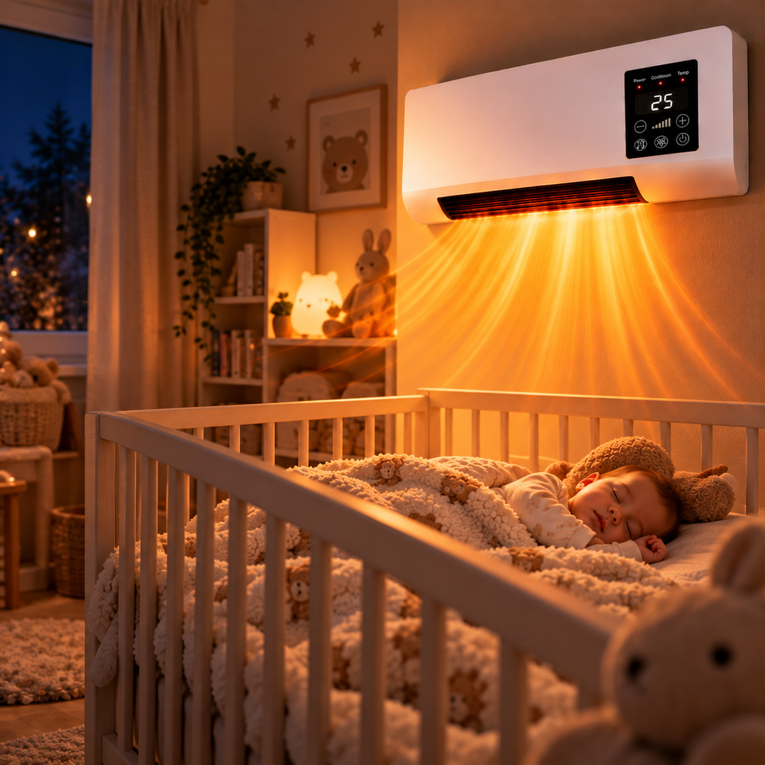 Chambre de bébé avec lit à barreaux, l'appareil mural diffusant un flux d'air chaud au-dessus 4