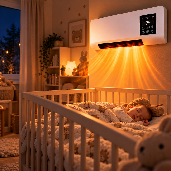 Chambre de bébé avec lit à barreaux, l'appareil mural diffusant un flux d'air chaud au-dessus 4