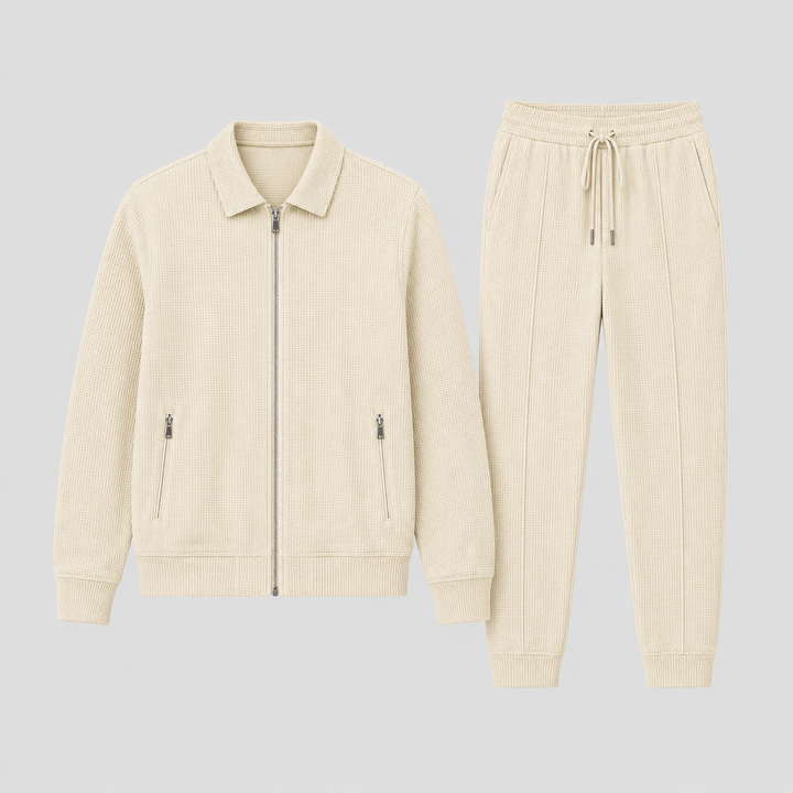 Veste zippée à col et pantalon à cordon beige, présentés à plat côte à côte 6