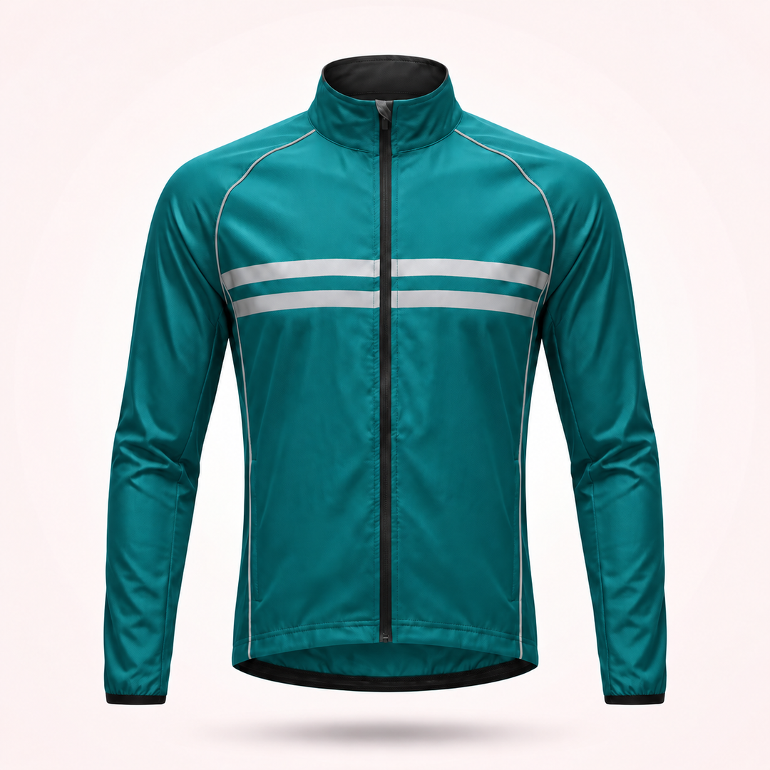 Veste turquoise sans capuche vue de face, col montant, zip noir, deux bandes réfléchissantes et liserés argentés. 14