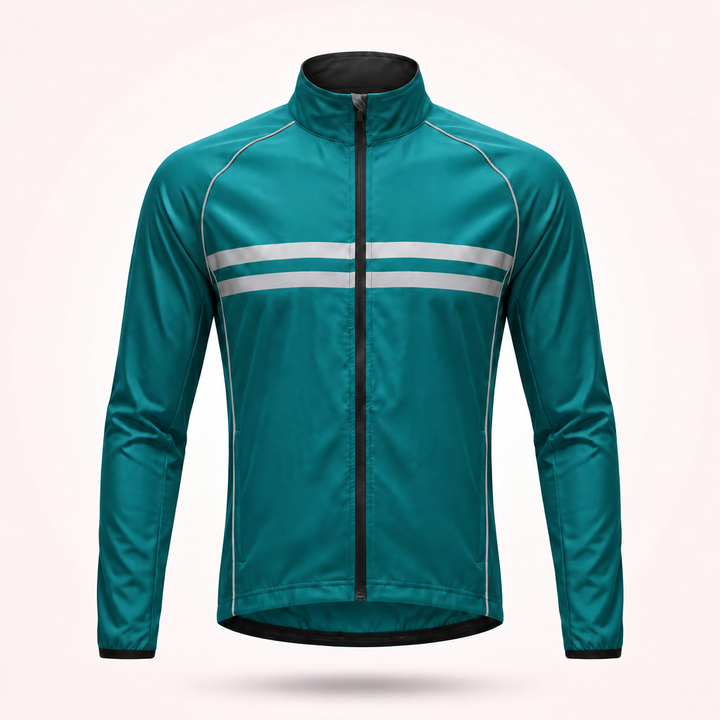 Veste turquoise sans capuche vue de face, col montant, zip noir, deux bandes réfléchissantes et liserés argentés. 14