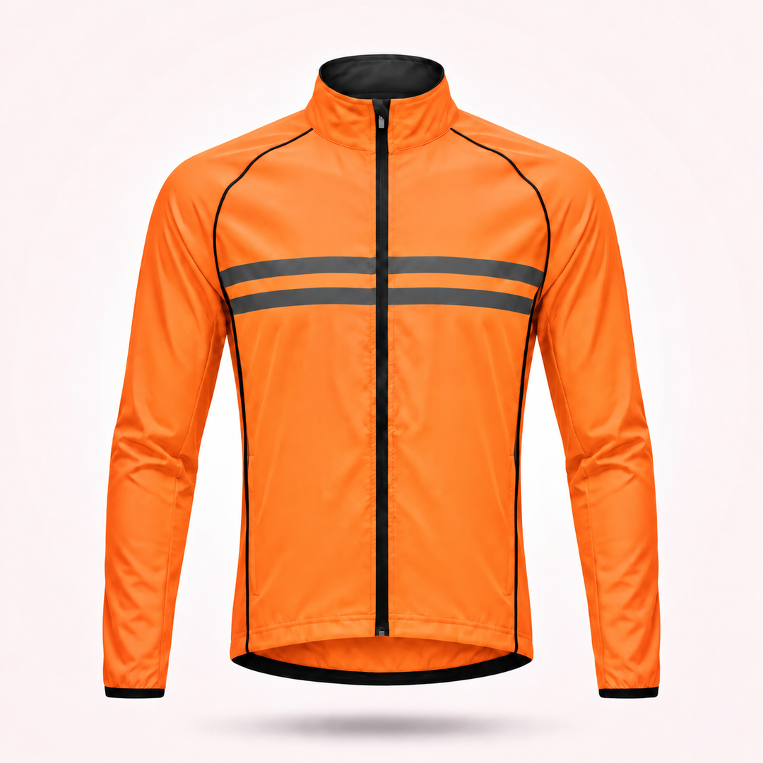 Veste orange vif sans capuche vue de face, zip noir central, deux bandes réfléchissantes grises et liserés noirs. 15