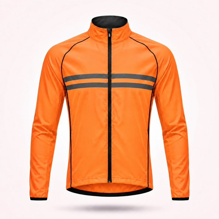 Veste orange vif sans capuche vue de face, zip noir central, deux bandes réfléchissantes grises et liserés noirs. 15