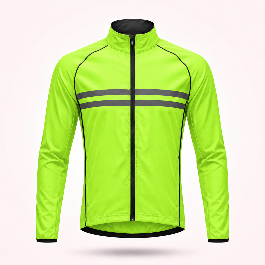 Veste vert fluo sans capuche vue de face, zip noir central, deux bandes réfléchissantes grises et liserés noirs. 16