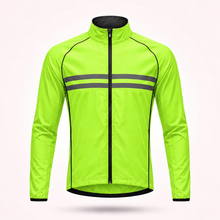Veste vert fluo sans capuche vue de face, zip noir central, deux bandes réfléchissantes grises et liserés noirs. 16