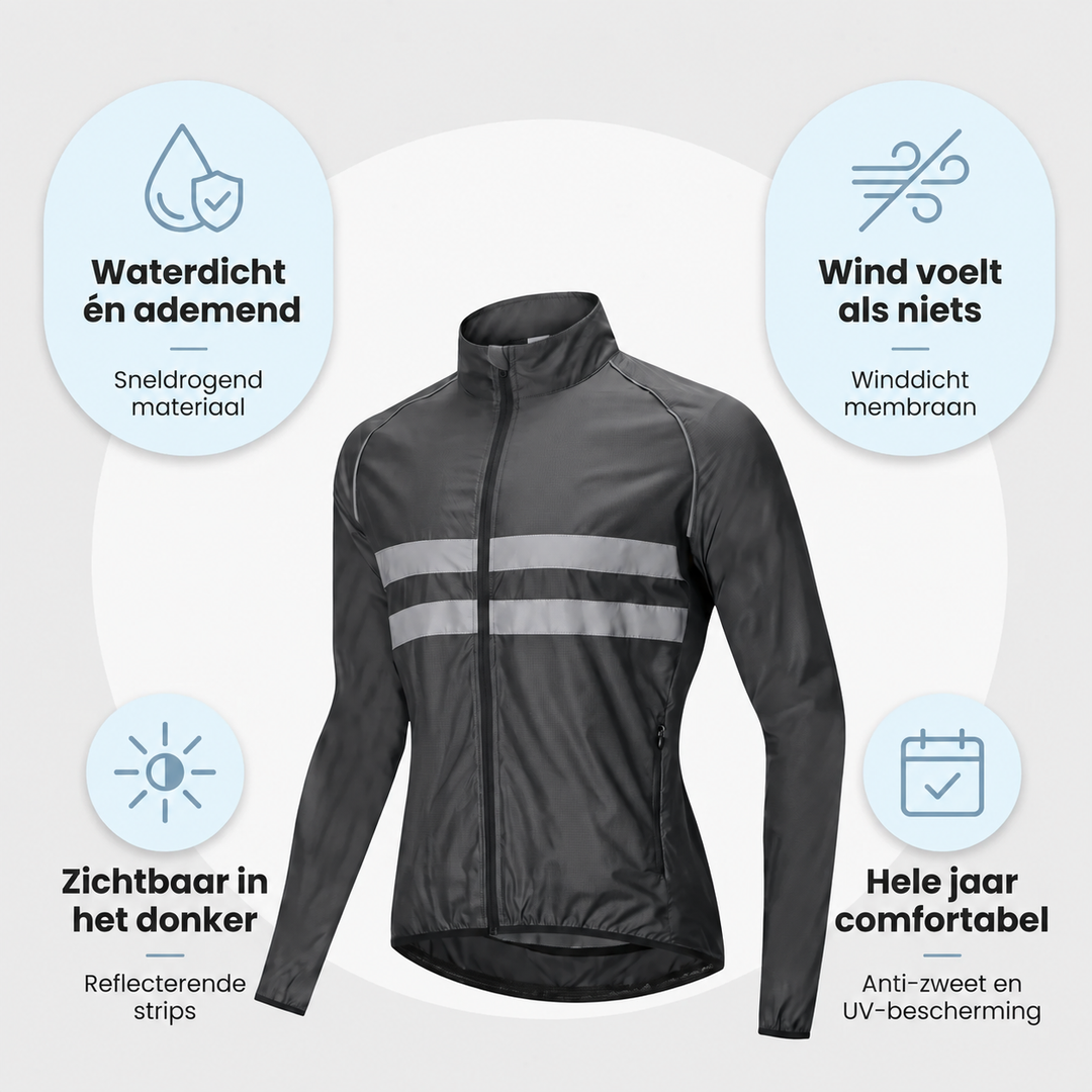 Veste noire en légère inclinaison entourée de quatre bulles d'atouts: imperméable, coupe-vent, visible la nuit, confort toute l'année. 7