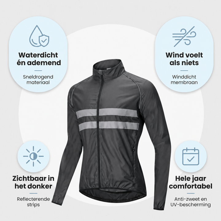 Veste noire en légère inclinaison entourée de quatre bulles d'atouts: imperméable, coupe-vent, visible la nuit, confort toute l'année. 7