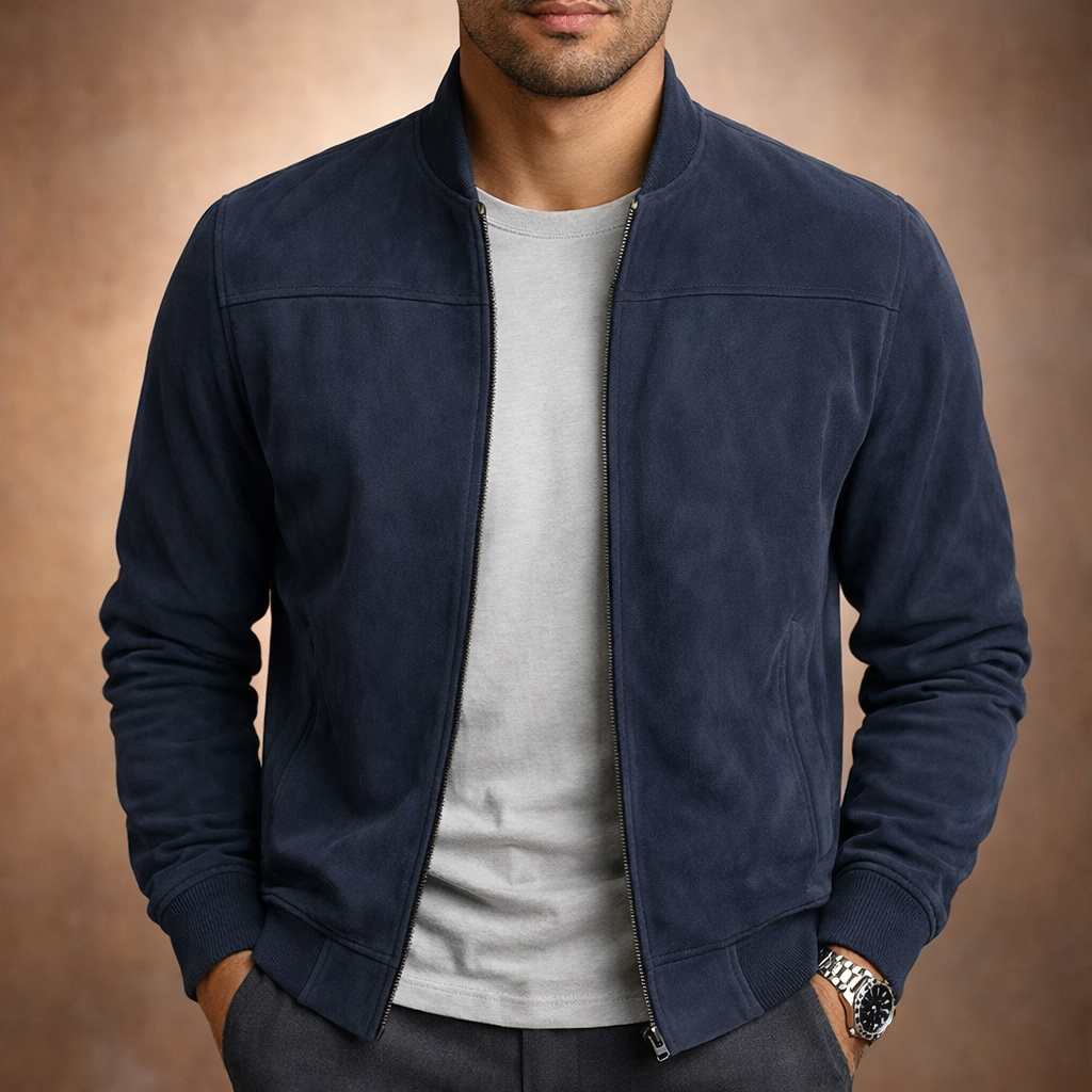 Blouson effet daim bleu marine porté zip ouvert sur un t-shirt gris, col montant et poches latérales visibles. 3