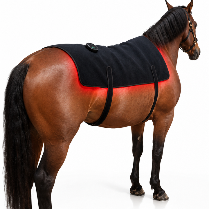 Cheval alezan vu de trois quarts arrière sur fond blanc, portant l'enveloppe noire à sangles, avec une lueur rouge sous le bord. 1