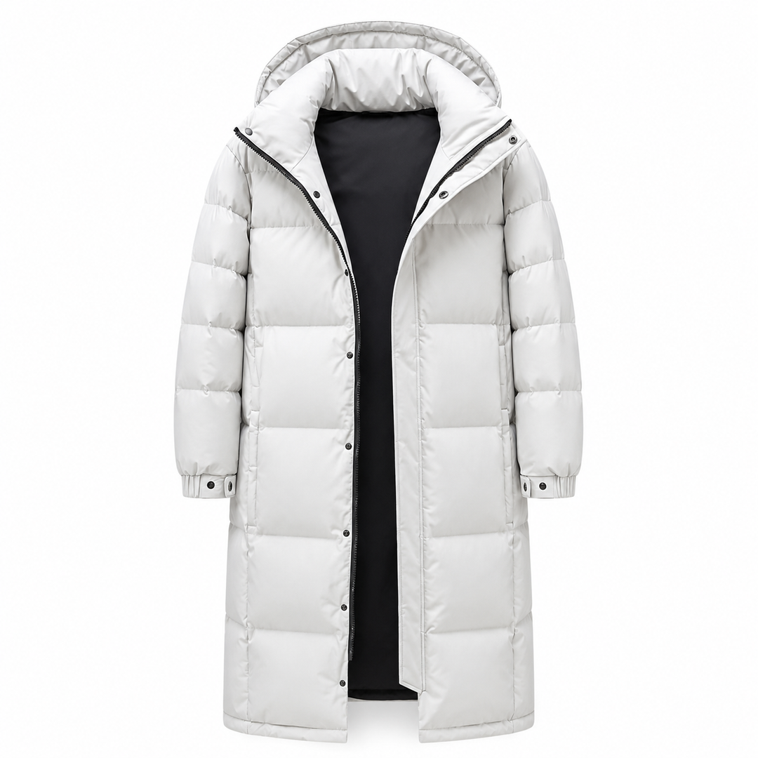 Manteau long matelassé blanc à capuche, vu de face, zip ouvert sur la doublure noire 8