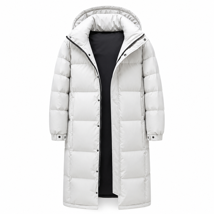 Manteau long matelassé blanc à capuche, vu de face, zip ouvert sur la doublure noire 8