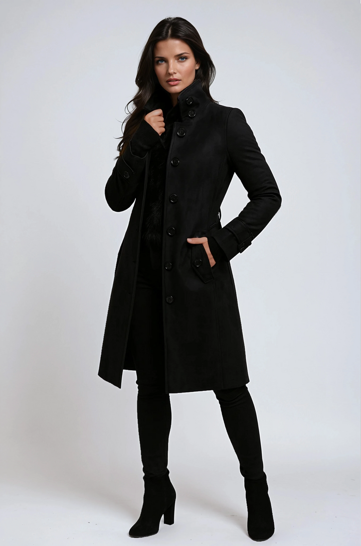 Femme en pied portant le manteau noir, une main dans la poche, avec bottines noires à talon 4