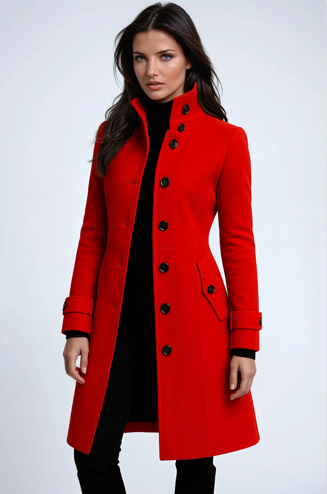 Femme en manteau rouge vif boutonné à col montant, patte de manche et poche à rabat 3
