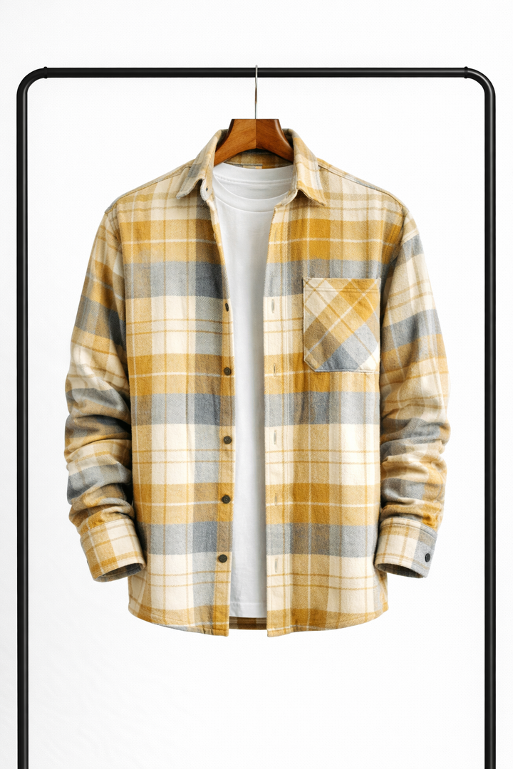 Surchemise à carreaux jaune moutarde, crème et gris, suspendue ouverte sur un t-shirt blanc, vue de face avec poche. 4
