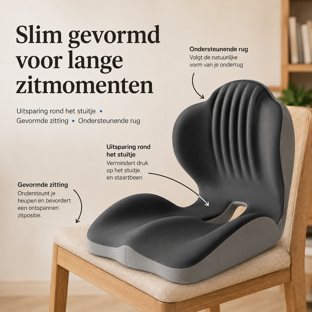 Coussin sur une chaise avec flèches indiquant dossier, assise galbée et évidement du coccyx 7