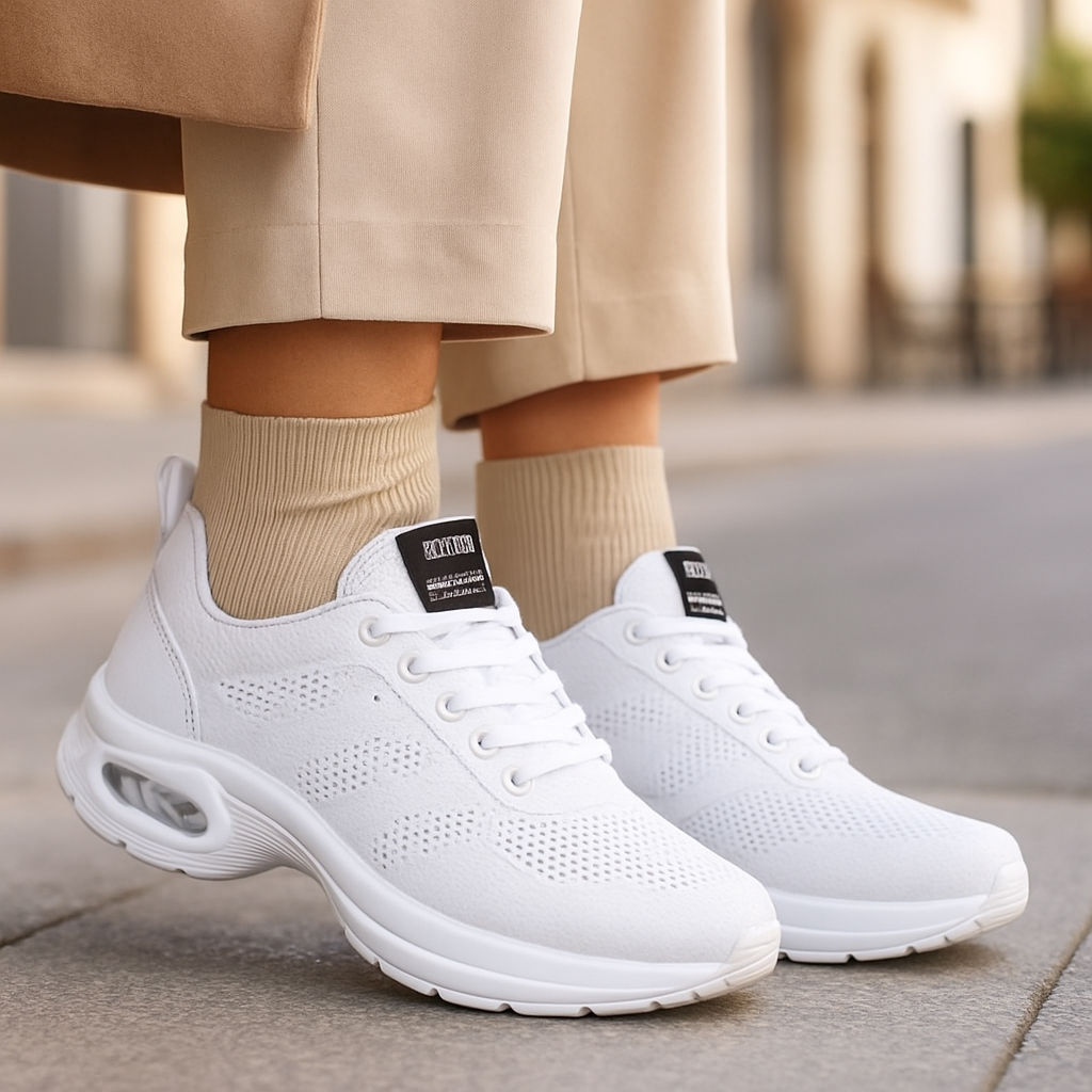 Baskets blanches à semelle épaisse et coussin d'air, portées avec des chaussettes beiges et un pantalon beige. 8