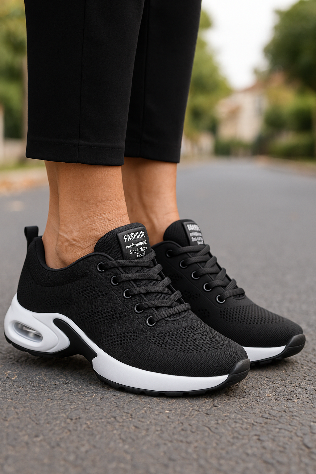 Paire de baskets noires en maille à semelle blanche et bulle d'air, portées avec un pantalon noir sur la chaussée. 6