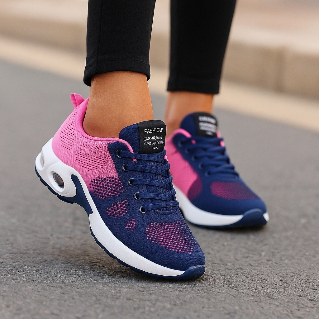 Baskets bicolores bleu marine et rose en maille, portées sur la route avec un legging noir, semelle blanche à coussin d'air. 5